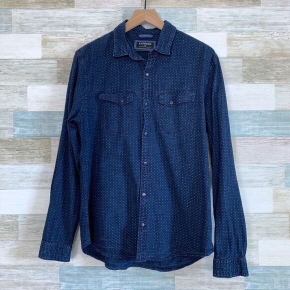 Express Denim Printed Western Shirt Blue Snap Button Front Casual Mens Large - Picture 1 of 8
